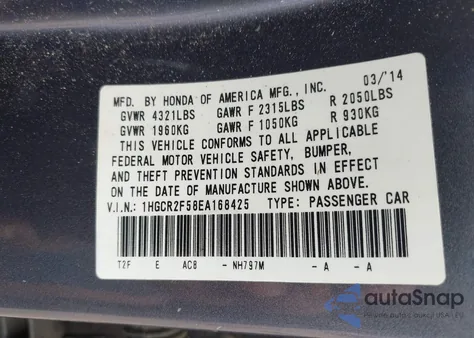 2014 Honda Accord Sport from USA, damaged, VIN 1HGCR2F58EA168425